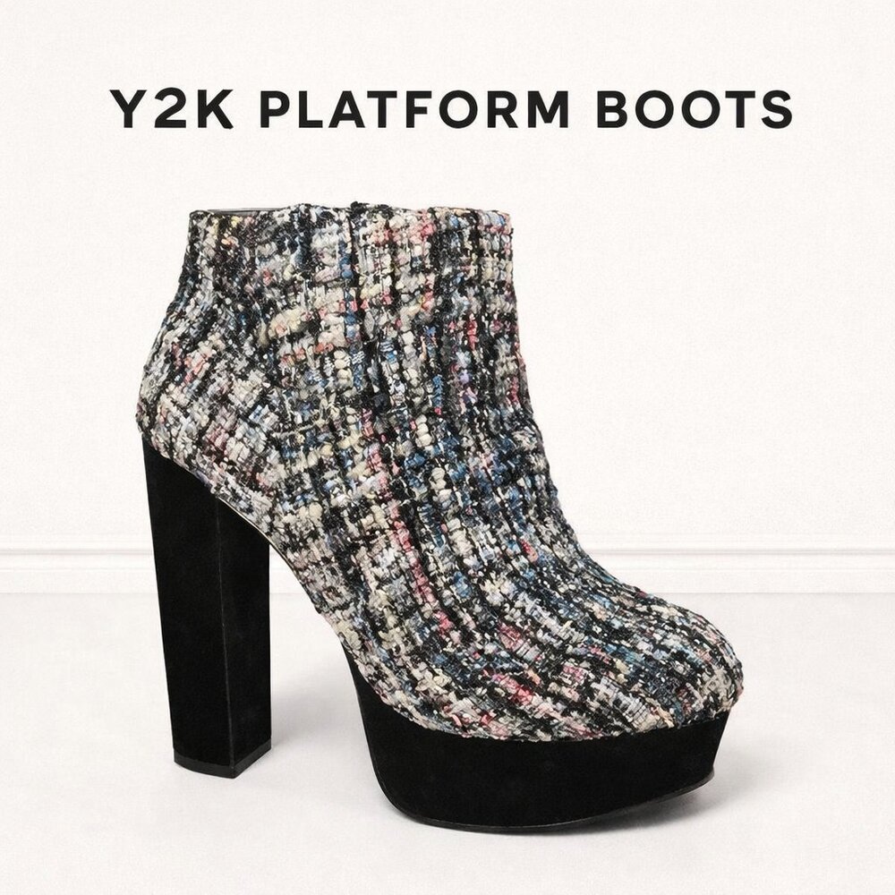 Bamboo Tweed Platform Ankle Boots Chunky Block Heel Y2K 6.5